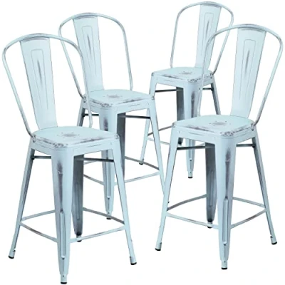Immagine di Flash Furniture Confezione da 4 sgabelli 61 cm in Metallo ad Alta invecchiamento, Altezza per Interni ed Esterni, con Schienale, Verde Blu, Set