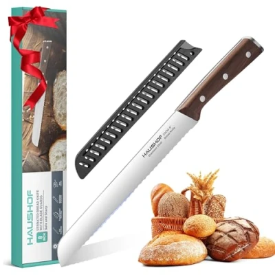 Immagine di HAUSHOF Coltello da Pane 20 cm, Cucina Seghettato in Acciaio Inox con Manico Ergonomico Legno a Codolo Intero, Ideale per Affettare Pane, Bagel, Torte