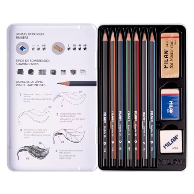 Immagine di MILAN® Set di 7 matite in grafite (2H,H, HB, B, 2B, 4B e 6B) per disegno, con 2 gomme temperino, astuccio metallico