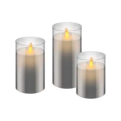 Immagine di goobay 57865 Set di 3 candele a LED in vera cera (grigio) con funzione timer, luce bianca calda, fiamma mobile, 10, 12,5 e 15 cm, trasparenti