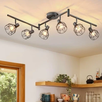Immagine di Dehobo Faretti da Soffitto con 6 Orientabili, Lampada Led Moderno Industriale in Metallo Nero, Luci per Soggiorno Corridoio, Lampadine E14 non Incluse Max. 40W