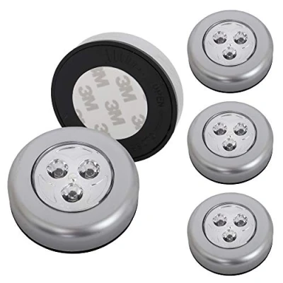 Immagine di Briloner Leuchten Luce a pressione LED titanio, set da 5, adesiva, per mobili e pensili, 5 V, batteria, lampadine integrate, Ø 6.8 x 2.3 cm (D A), plastica, argento