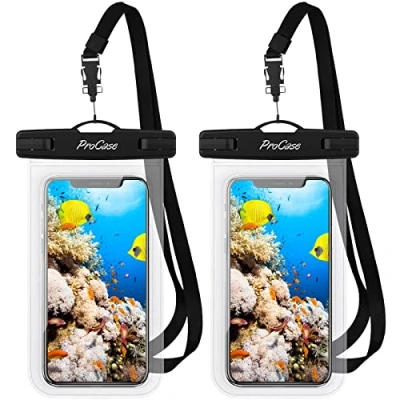 Immagine di ProCase [2 Pezzi Custodia Impermeabile Smartphone[30M/IPX8], Cover Subacquea per iPhone 16/15/14/13/12/11 Pro Max Mini XR XS SE, Galaxy A25/A54/A15/S23/S24, Xiaomi Redmi, Huawei Fino a 7,0&quot;