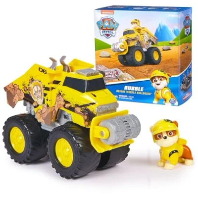 Immagine di Paw Patrol: Rescue Wheels, Bulldozer di Rubble, Veicolo Giocattolo con trasformazione e Action Figure collezionabile, Giocattoli per Bambini Bambine da 3 Anni in su