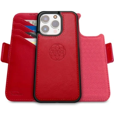 Immagine di dreem Fibonacci compatibile con iPhone 16 Pro custodia a portafoglio/custodia antiurto 2 in 1 e folio pelle vegana staccabile, MagSafe, protezione RFID [Rosso]