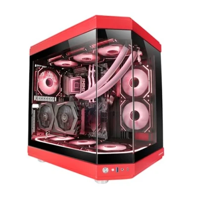 Immagine di Mars Gaming MC 3T, Case Custom ATX, Vetro Temperato Continuo Tripla Finestra, Supporto Raffreddamento Liquido Completo, Doppia Camera Laterale, 3x Slot PCI Verticali, USB C e 3.0, Rosso