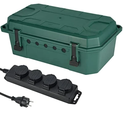 Immagine di Electraline 300181 Scatola di Protezione Stagna IP54 con inclusa Multipresa 4 Posti Schuko tappi a chiusura automatici IP44, Cavo 5M H05RR F 3G1.5mm², Organizzatore Cavi 5 uscite
