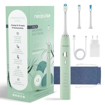 Immagine di NEOPULSE® NEOSONIC® Spazzolino da denti elettrico con tecnologia sonica + 2 testine Ricaricabile USB 3 mesi di autonomia 15 impostazioni Timer Compatibile NEOKIDS® Garanzia Anni