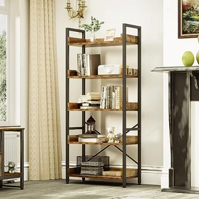 Immagine di YITAHOME libreria a 5 ripiani, scaffale da pavimento, mensola in legno e stabile struttura acciaio, scaffalatura con 4 ganci, industriale per soggiorno, casa ufficio, rustica
