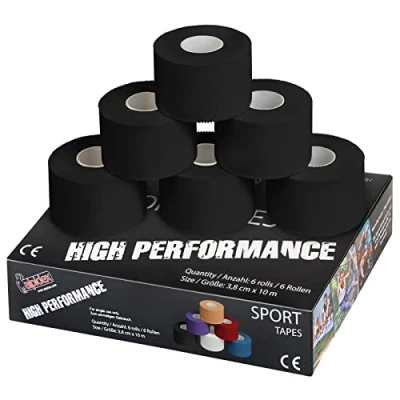 Immagine di ALPIDEX 6 x Sport Tape 3,8 cm 10 Nastro Adesivo Molti Colori 100% Cotone Non Elastico, Colore:Nero