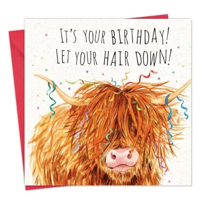 Immagine di Twizler divertente biglietto di compleanno con mucca delle Highland scozzesi, per uomini o donne, buon lui lei, umorismo animale, interno bianco