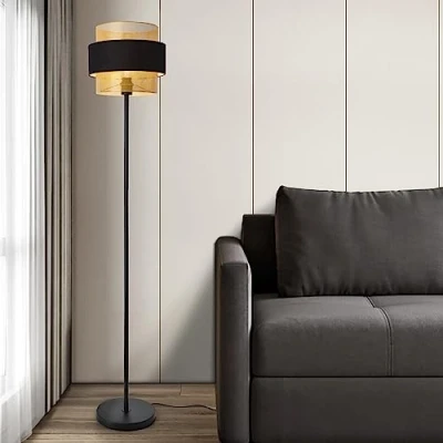 Immagine di lux.pro Piantana Moderna Lampada da Terra Con Paralume Doppio Cilindrico a Stelo Diritto Reticolato color Oro e in Tessuto Nero