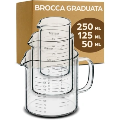 Immagine di Brocca Graduata in Vetro 50ml, 125ml, 250ml Scala Precisa Impilabile Resistente al Calore e Microonde.