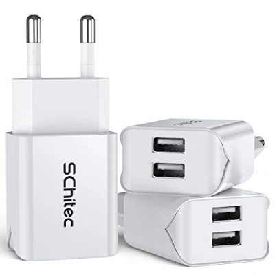 Immagine di SCHITEC Caricatore USB da Muro 3 Pack 2 Porte 5V/2.1A Caricabatterie Alimentatore Presa Spina Compatibile per iPhone 15/14/13/12/11 XS XR X,Samsung M20 A50 S10,Huawei P30 P20 Lite Mate, Xiaomi