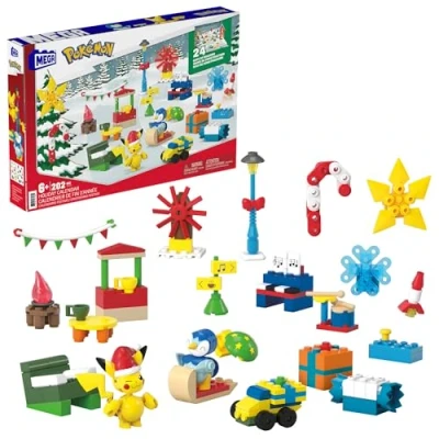 Immagine di MEGA Pokémon Calendario dell&#039;Avvento, 24 sorprese natalizie a tema da scoprire, include 2 snodati costruire, Pikachu e Piplup, giocattolo per bambini, 6+ anni, GYG99