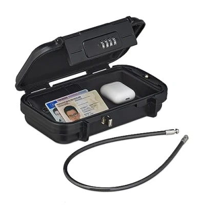 Immagine di Relaxdays Cassetta di Sicurezza Portatile, con Combinazione e Cavo, Cassaforte da Auto, Acciaio, HLP 5,5x24x15 cm, Nero, Plastica