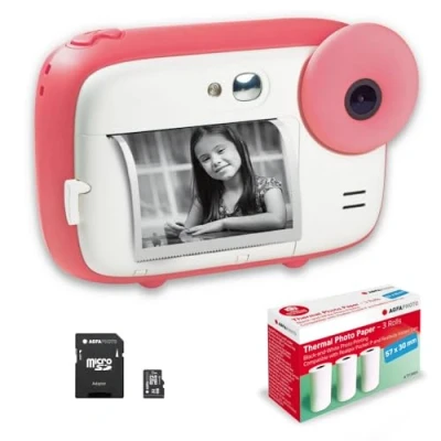 Immagine di AGFA PHOTO Realikids Instant Cam + 1 scheda Micro SD da 32 GB +3 rotoli di carta termica ATP3WH Fotocamera istantanea per bambini,schermo LCD 2,4&quot;, specchio selfie e filtro fotografico,colore:Rosa