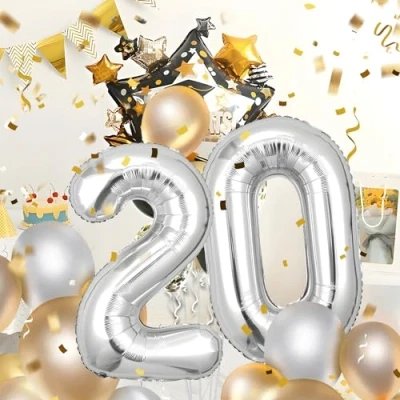 Immagine di Palloncini Compleanno 20 anni Argento 101 CM Palloncino Numero Gonfiabile in Foil Decorazioni di un uomo donna Vola con l&#039;Elio