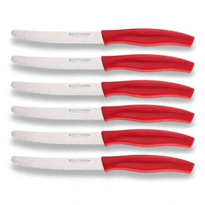 Immagine di ECHTWERK coltello da pane, pratico colazione 6 pezzi, in acciaio inox con bordo seghettato, adatto per panini, baguette e torte, manico ergonomico plastica, rosso