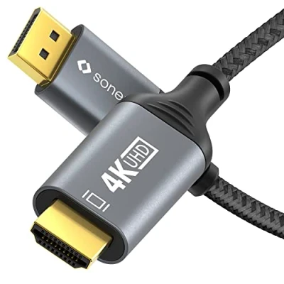 Immagine di Cavo Sonero® 4K DisplayPort 1.2 a HDMI 2.0, maschio maschio, 60Hz, 2K 120Hz, rivestimento in cotone, grigio/nero, 1,00 metri