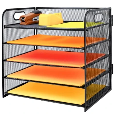 Immagine di PLSOPPKG Organizer da Scrivania a 5 Livelli con Supporti Verticali Extra, Vassoio per Lettere Cassetto, Vassoi Documenti A4, Porta Riviste e Casa Ufficio, nero