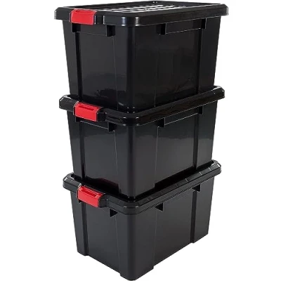 Immagine di Iris Ohyama, Contenitori portautensili in plastica con coperchio e chiusura a clip, 50L, Lotto di 3, Impilabili, Inseribili, senza BPA, soffitta, tettoia, garage, SK 450, nero