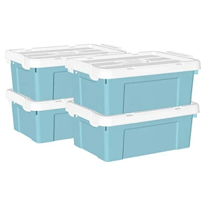 Immagine di Cetomo Scatola portaoggetti in plastica 15L* 4, contenitore per l&#039;organizzazione con coperchio durevole e fibbie di chiusura sicure, impilabile annidabile, 4Pack, grigio fibbia