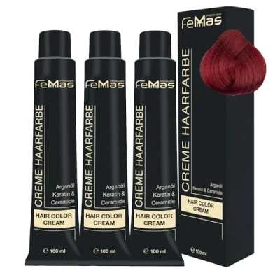 Immagine di FemMas colore per capelli 3 x biondo medio rosso intenso 7,66 I crema con olio di argan, cheratina e ceramidi, colorazione permanente o tinta risultati luminosi, 100 ml
