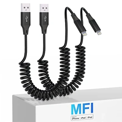 Immagine di KETAKY Plus Confezione da 2 Cavo Lightning a spirale,certificato Carplay e MFi, Retrattile con trasmissione dati, USB iPhone Corto per Auto iPhone/Pad/Pod