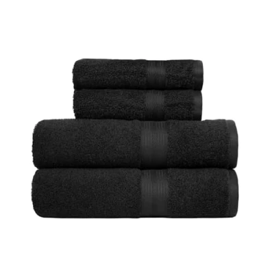Immagine di Amazon Basics Asciugamano da bagno e 2 asciugamani per le mani che non sbiadiscono, Corpo &amp; Mani, 4 unità, Nero, 140 x 70 cm 100 50