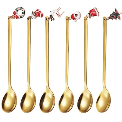 Immagine di ESRISE Cucchiaini da caffè di Natale, cucchiai Natalizi in acciaio inox, Cucchiaino Gelato Zucchero Cucchiaio Stile Natalizio per stoviglie Cucina (oro)