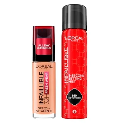 Immagine di L&#039;Oréal Paris Infaillible Fondotinta Liquido 32H Fresh Wear SPF 25 Waterproof con Vitamina C Colore 220 Sable Sand + Spray Fissante 3 Second Setting Mist per Trucco Viso No Transfer 75ml 2 Flaconi