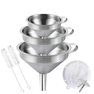 Immagine di Gucass Set di 7 imbuti in acciaio inox, piccolo imbuto da cucina con manico, per marmellate filtro a setaccio, trasferire spezie, liquidi, polvere, confetture, 5,7/11/13 cm