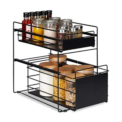 Immagine di Relaxdays Organizer per la Cucina, 2 Piani Estensibili, Organizzatore Autoportante, Cassetti Salvaspazio, Multiuso, Nero, Acciaio, 1 pz