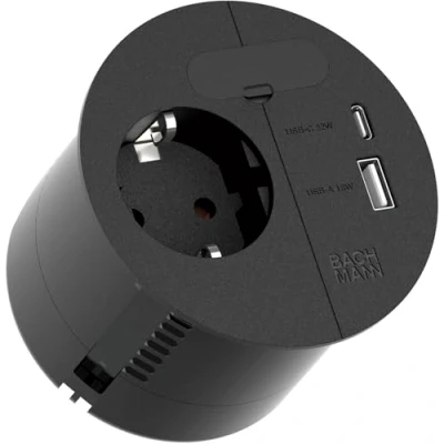 Immagine di BACHMANN presa da incasso Loop in Charge 1 di corrente, USB A/C 22 W con passacavo per ufficio, sala riunioni e spazio abitativo bianco (nero, 2 m)