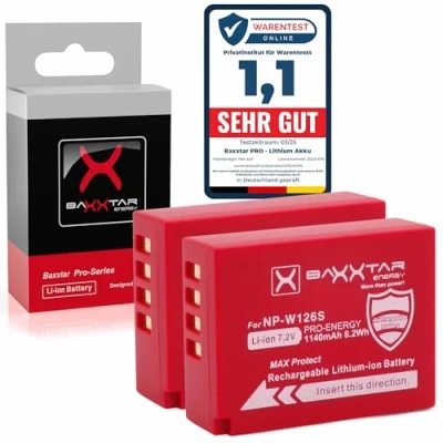 Immagine di Baxxtar MaxProtect NP W126s W126 Batteria 2x (1140 mAh) con sensore NTC attivo e custodia protettiva V1 senza limitazioni d&#039;uso Fuji X M5 X100VI S10 T20 T30 II T5 T50 ecc.