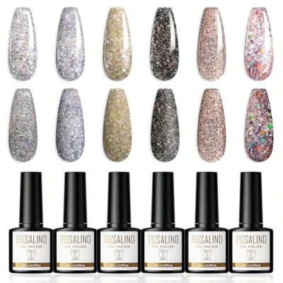Immagine di ROSALIND Semipermanente Unghie Glitter 6 Colori Smalto Argenteo Blu Nero Rosa Smalti Semipermanenti Gel Nail Polish Soak Off UV LED Art per l&#039;autunno e l&#039;inverno, 8ml