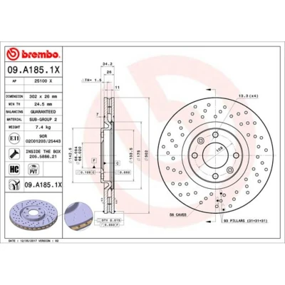 Immagine di BREMBO XTRA LINE 09.A185.1X Disco freno 302 26 4 perforato/ventilazione interna rivestito ad alto tenore di carbonio con bulloni/viti