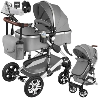 Immagine di tectake® Passeggino Combinato Pieghevole, 2 in 1, Leggero con Cintura a 5 Punti Regolabile, Freno Pedale, Tettuccio Parasole, per Bambini da 0 3 Anni Grigio