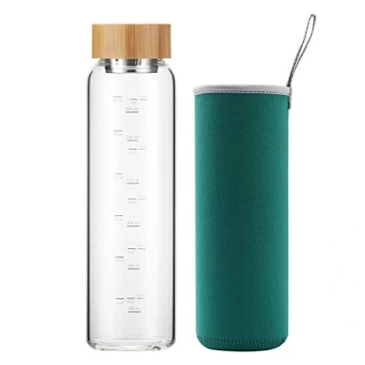 Immagine di sunkey Borraccia 1 litro in Vetro Borosilicato per Acqua Riutilizzabile con Tappo di Bambù e Custodia senza Bpa (Verde)