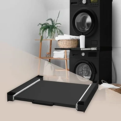 Immagine di ML Design Telaio Intermedio con Ripiano Estraibile in Acciaio 60 x cm Nero per Lavatrice/Asciugatrice Piano Estensibile Cesto Portabiancheria Kit di Sovrapposizione Universale Maniglia