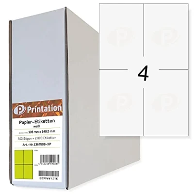 Immagine di etichette universali, confezione grande, 105 x 148,5 mm, DIN A6, stampabili, autoadesive, colore bianco, 500 fogli formato A4, 2x2 105x148, 2000 adesive per spedizioni, 3483 6120 4476