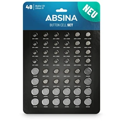 Immagine di ABSINA 48 batterie a bottone miste alcaline e litio 4x AG1, AG3, 8x AG4, AG10, AG13, CR2016, CR2025, CR2032 Pile da 1,5V 3V orologio, piccole rotonde