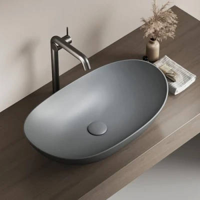 Immagine di EMKE Lavabo da appoggio ovale 61,5 x 36 15,5 cm, in ceramica per bagno e WC ospiti, Mini Piccolo, Grigio Opaco