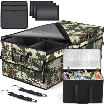 Immagine di FORTEM Organizer per Bagagliaio Auto con Frigo, Pieghevole Multi Scomparto e SUV, Fondo Antiscivolo, Cinghie Regolabili, Coperchio (Foresta, Extra Grande)