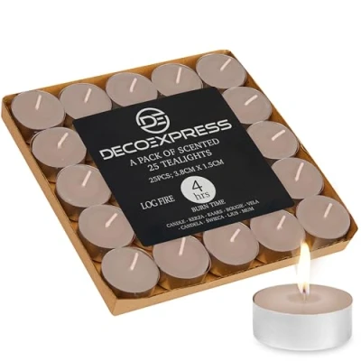 Immagine di DECO EXPRESS Candele Tealight 24, 25, 50, 100, 200 Pezzi, Lunga Durata 4/8/10 Ore Vari Colori (Fuoco a legna 25/4 ore)