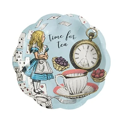 Immagine di Talking Tables Confezione da 12 Piatti Blu Alice nel Paese delle Meraviglie Stoviglie monouso, riciclabili Forniture per Cappellaio Matto Tea Party, Compleanno, TSALICE V2 PLATE SML