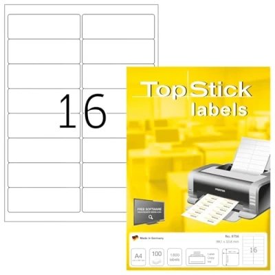Immagine di TopStick etichette autoadesive per indirizzi, 16 foglio A4, 100 fogli, 99,1 x 33,9 mm, 1600 etichette, vuote mailing, stampanti laser e inkjet, bianco