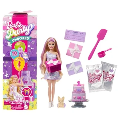 Immagine di Barbie Party Unboxed Birthday Bows serie Compleanno del Cucciolo, bambola con 10 accessori a sopresa, effetto cambia colore e decorazione torta, giocattolo per bambini, 3+ anni, JFG70