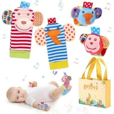 Immagine di Giochi Neonato Sonagli Sensoriali per Bambini, Calzini da Polso Simpatici Animaletti Developmental Soft Toys Bambole Neonati Neonato, 4 Pezzi (Colour 3)